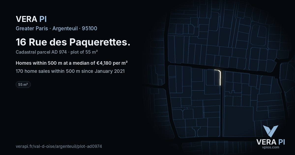16 Rue des Paquerettes, Argenteuil at night – the plot lit, the parcels around coloured by the prices near them