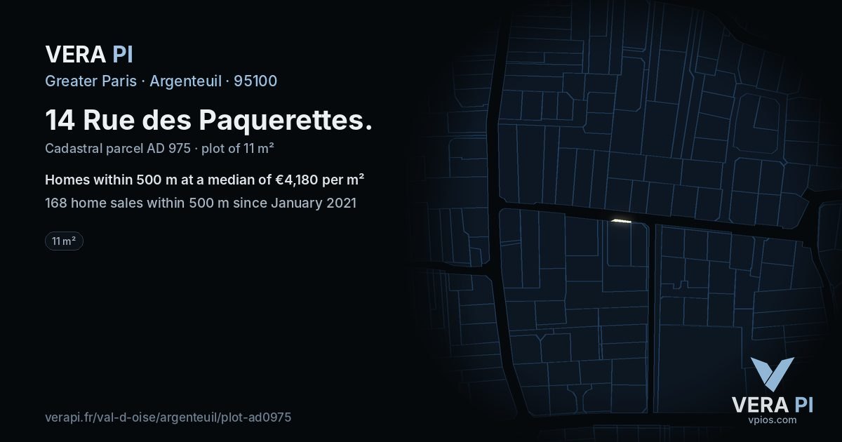 14 Rue des Paquerettes, Argenteuil at night – the plot lit, the parcels around coloured by the prices near them