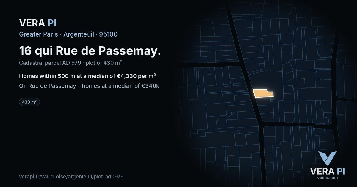 16 qui Rue de Passemay, Argenteuil at night – the plot lit, the parcels around coloured by the prices near them