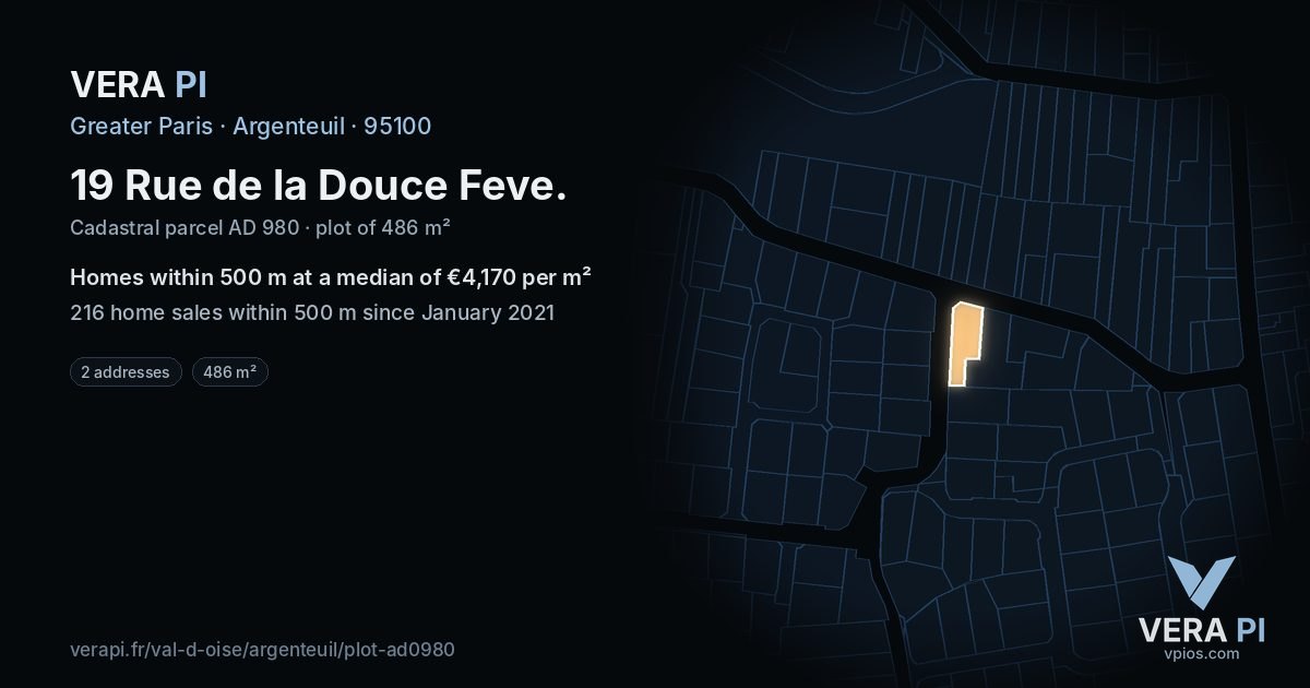 19 Rue de la Douce Feve, Argenteuil at night – the plot lit, the parcels around coloured by the prices near them
