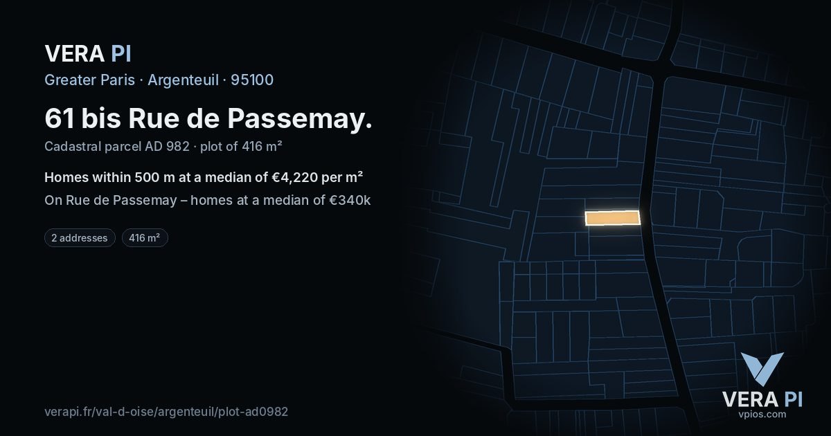 61 bis Rue de Passemay, Argenteuil at night – the plot lit, the parcels around coloured by the prices near them