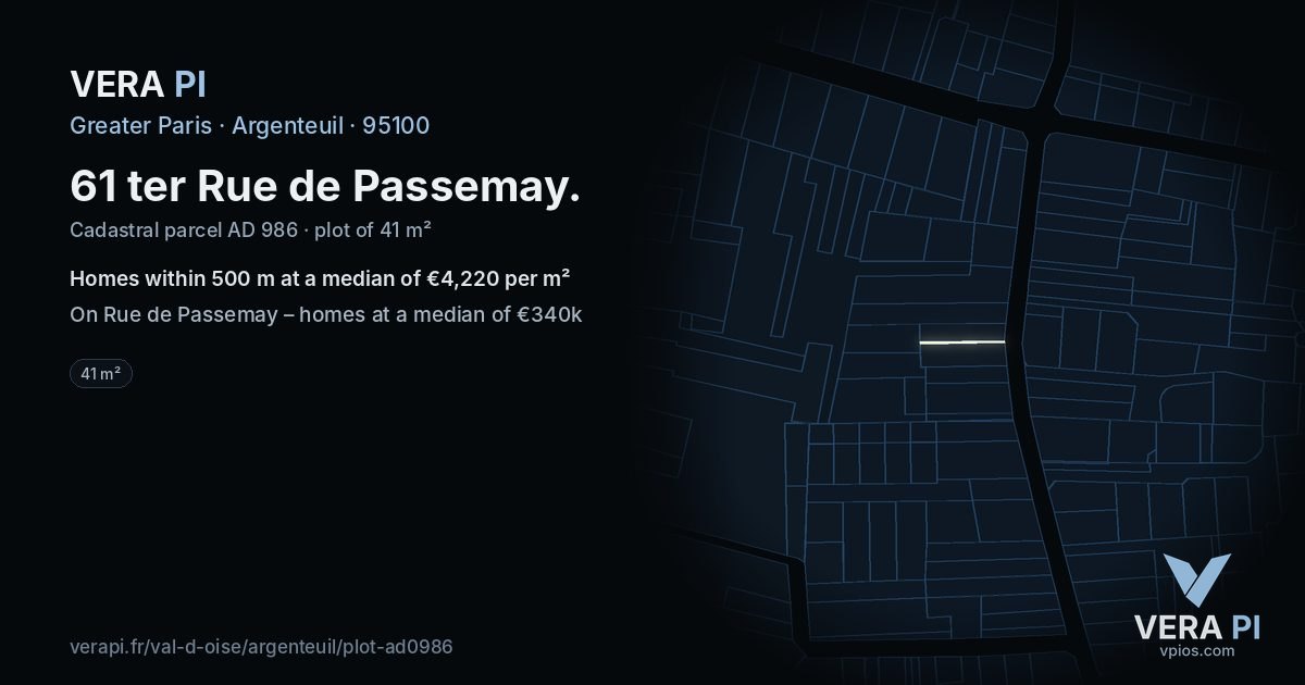 61 ter Rue de Passemay, Argenteuil at night – the plot lit, the parcels around coloured by the prices near them