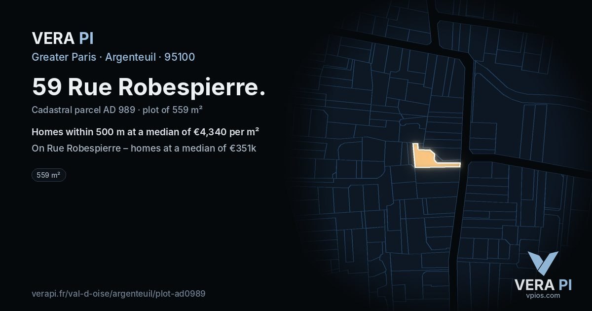 59 Rue Robespierre, Argenteuil at night – the plot lit, the parcels around coloured by the prices near them