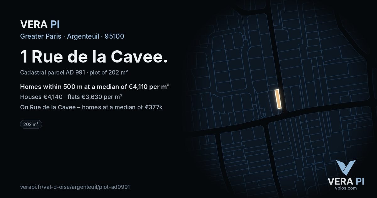 1 Rue de la Cavee, Argenteuil at night – the plot lit, the parcels around coloured by the prices near them