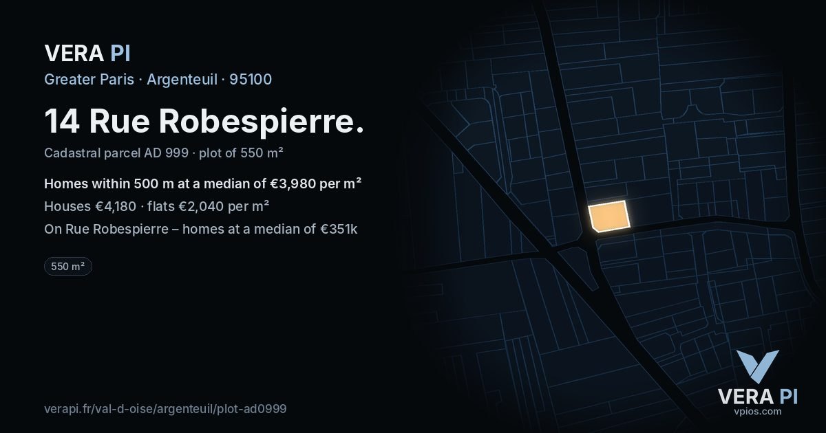 14 Rue Robespierre, Argenteuil at night – the plot lit, the parcels around coloured by the prices near them