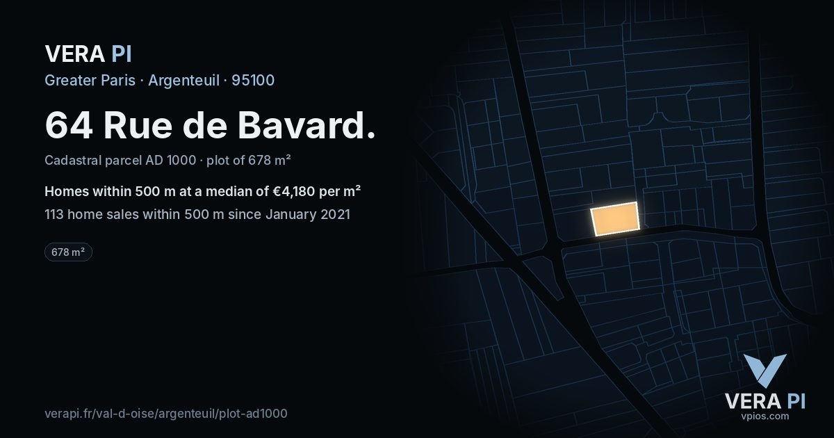 64 Rue de Bavard, Argenteuil at night – the plot lit, the parcels around coloured by the prices near them