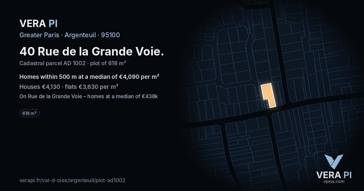 40 Rue de la Grande Voie, Argenteuil at night – the plot lit, the parcels around coloured by the prices near them