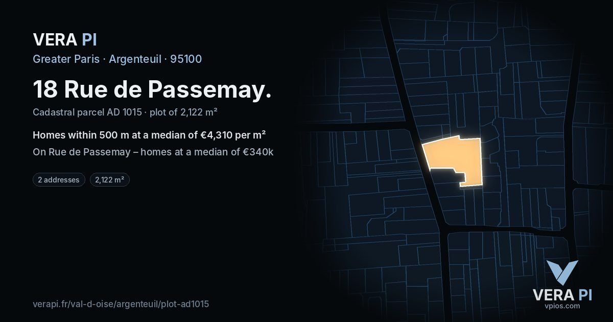 18 Rue de Passemay, Argenteuil at night – the plot lit, the parcels around coloured by the prices near them