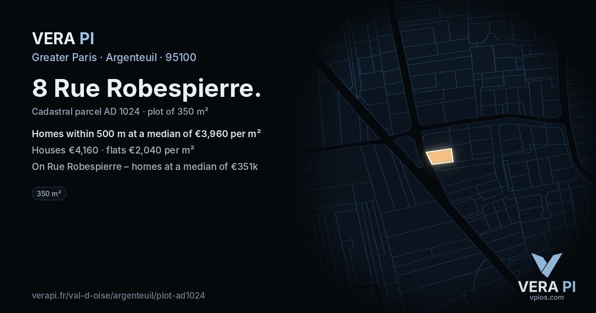 8 Rue Robespierre, Argenteuil at night – the plot lit, the parcels around coloured by the prices near them