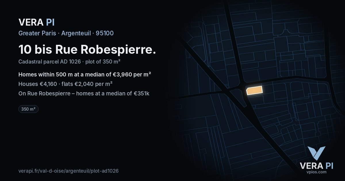 10 bis Rue Robespierre, Argenteuil at night – the plot lit, the parcels around coloured by the prices near them