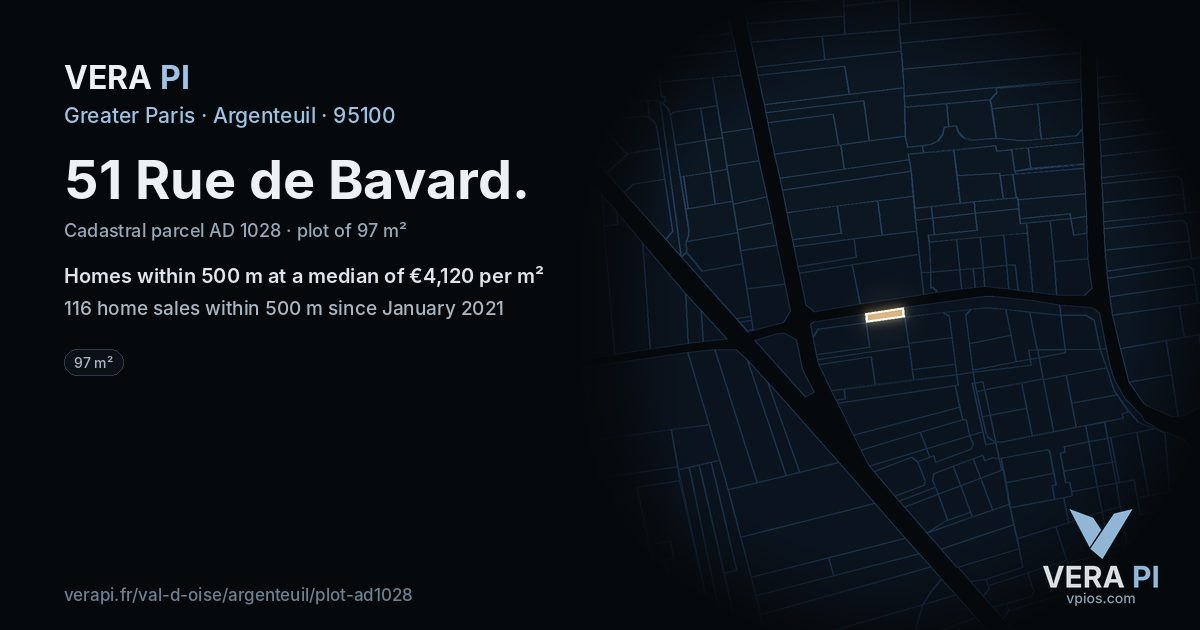 51 Rue de Bavard, Argenteuil at night – the plot lit, the parcels around coloured by the prices near them
