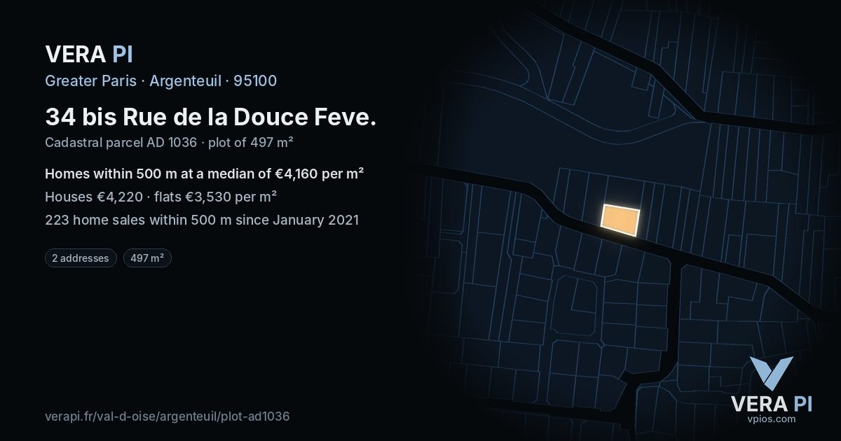 34 bis Rue de la Douce Feve, Argenteuil at night – the plot lit, the parcels around coloured by the prices near them