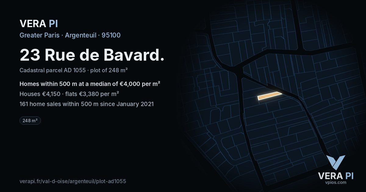 23 Rue de Bavard, Argenteuil at night – the plot lit, the parcels around coloured by the prices near them