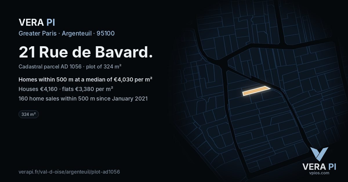 21 Rue de Bavard, Argenteuil at night – the plot lit, the parcels around coloured by the prices near them