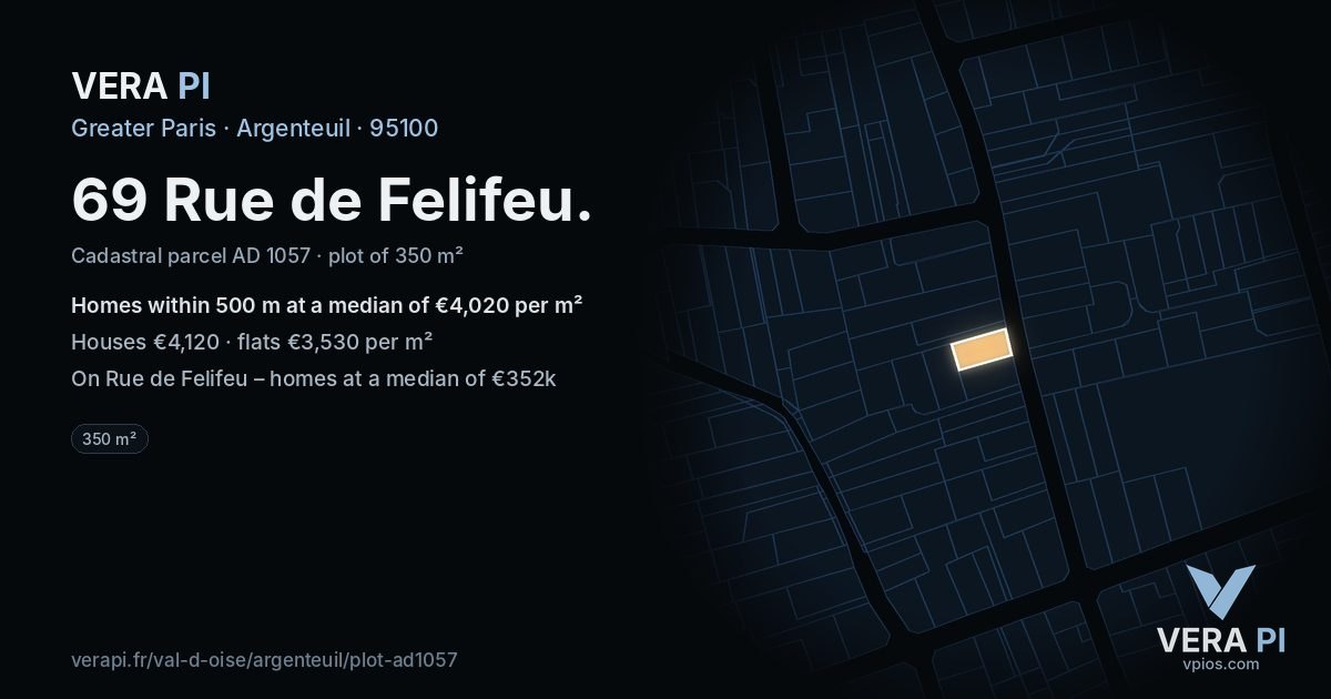 69 Rue de Felifeu, Argenteuil at night – the plot lit, the parcels around coloured by the prices near them