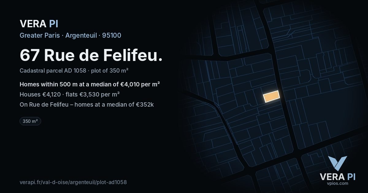 67 Rue de Felifeu, Argenteuil at night – the plot lit, the parcels around coloured by the prices near them