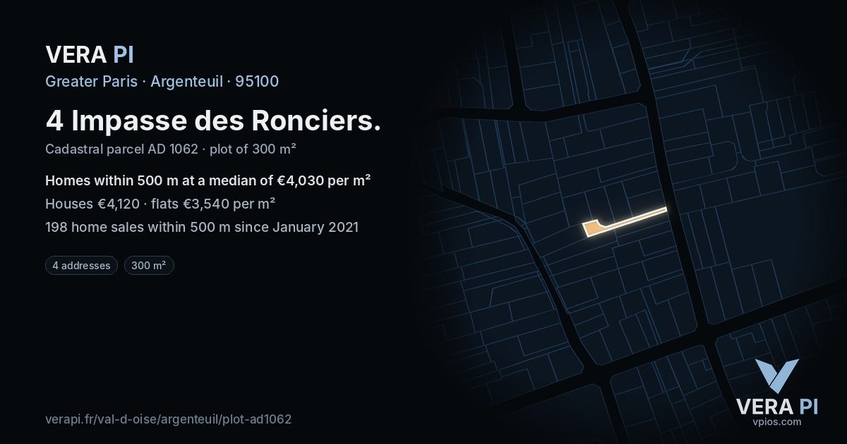 4 Impasse des Ronciers, Argenteuil at night – the plot lit, the parcels around coloured by the prices near them