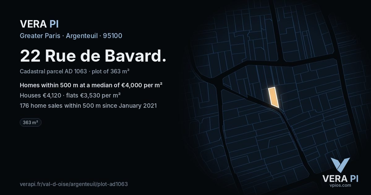 22 Rue de Bavard, Argenteuil at night – the plot lit, the parcels around coloured by the prices near them