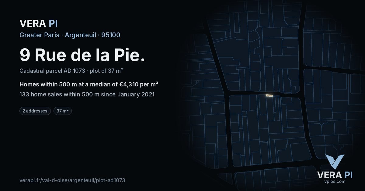9 Rue de la Pie, Argenteuil at night – the plot lit, the parcels around coloured by the prices near them