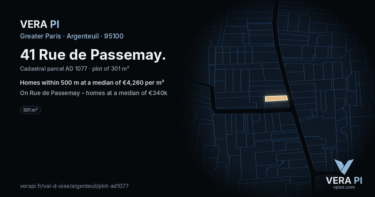 41 Rue de Passemay, Argenteuil at night – the plot lit, the parcels around coloured by the prices near them