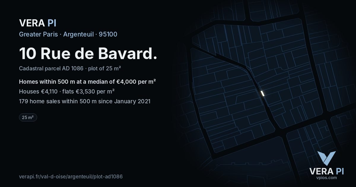 10 Rue de Bavard, Argenteuil at night – the plot lit, the parcels around coloured by the prices near them