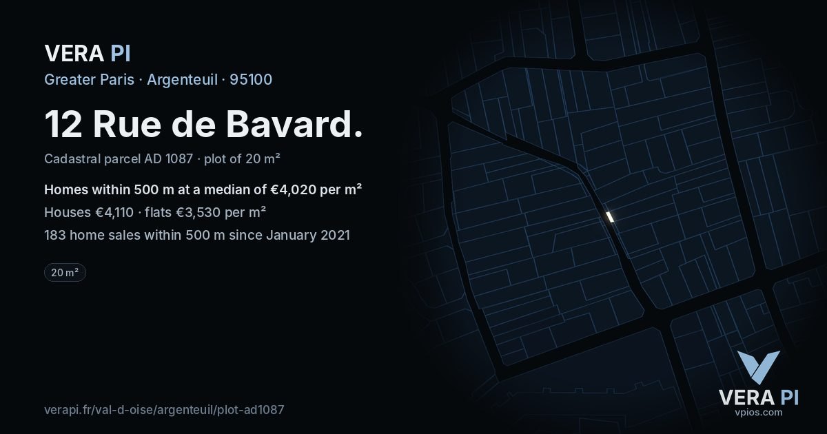 12 Rue de Bavard, Argenteuil at night – the plot lit, the parcels around coloured by the prices near them