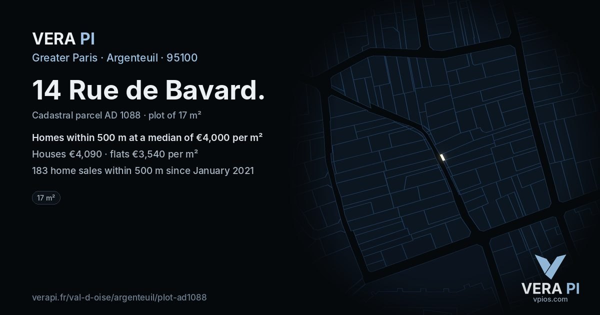 14 Rue de Bavard, Argenteuil at night – the plot lit, the parcels around coloured by the prices near them