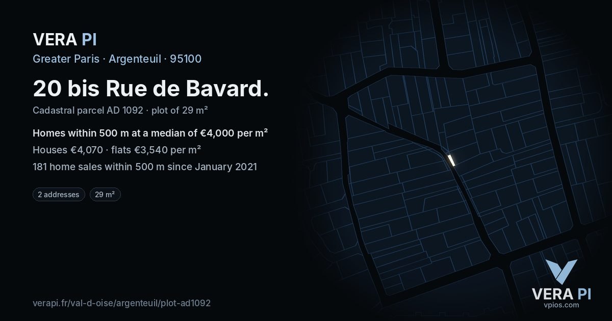 20 bis Rue de Bavard, Argenteuil at night – the plot lit, the parcels around coloured by the prices near them