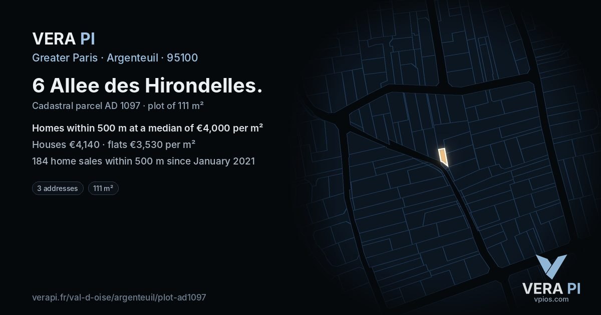6 Allee des Hirondelles, Argenteuil at night – the plot lit, the parcels around coloured by the prices near them
