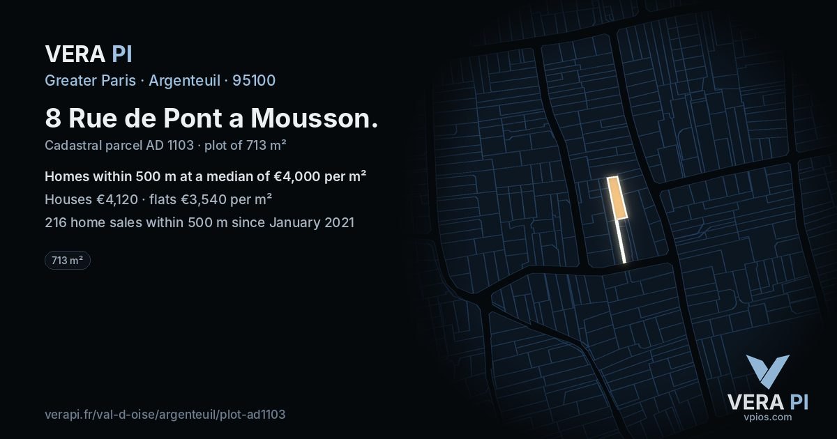 8 Rue de Pont a Mousson, Argenteuil at night – the plot lit, the parcels around coloured by the prices near them