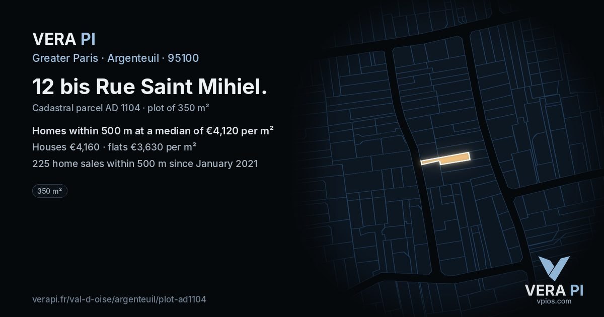 12 bis Rue Saint Mihiel, Argenteuil at night – the plot lit, the parcels around coloured by the prices near them
