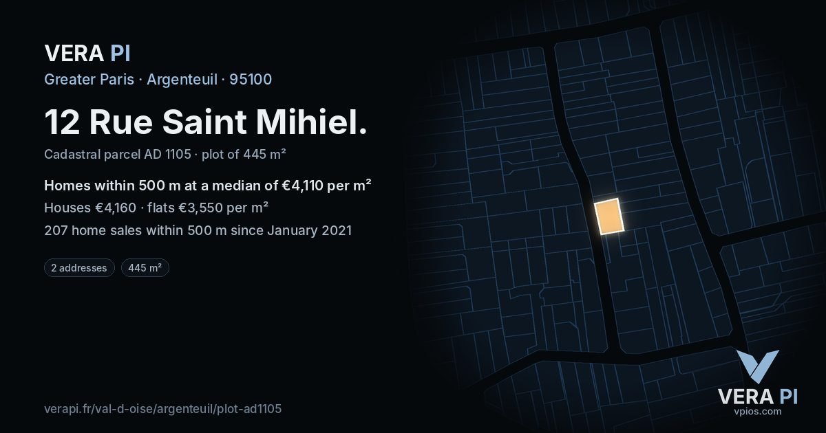 12 Rue Saint Mihiel, Argenteuil at night – the plot lit, the parcels around coloured by the prices near them