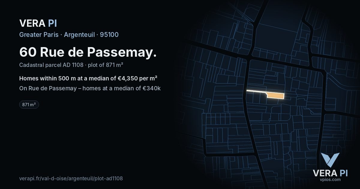 60 Rue de Passemay, Argenteuil at night – the plot lit, the parcels around coloured by the prices near them