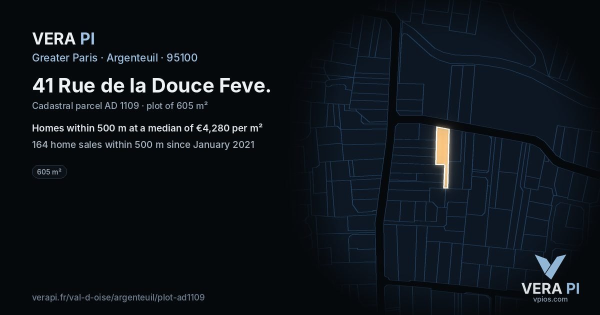 41 Rue de la Douce Feve, Argenteuil at night – the plot lit, the parcels around coloured by the prices near them