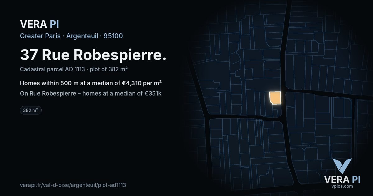 37 Rue Robespierre, Argenteuil at night – the plot lit, the parcels around coloured by the prices near them