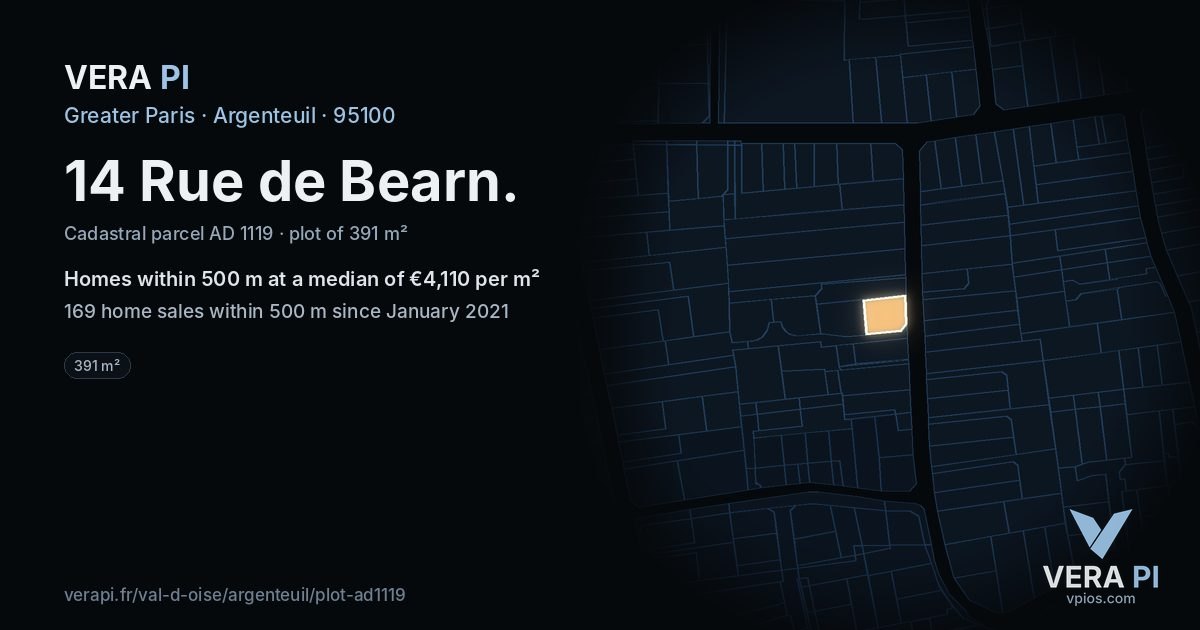 14 Rue de Bearn, Argenteuil at night – the plot lit, the parcels around coloured by the prices near them