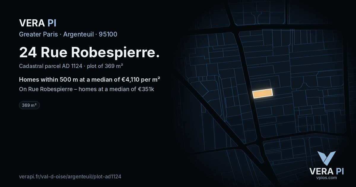 24 Rue Robespierre, Argenteuil at night – the plot lit, the parcels around coloured by the prices near them
