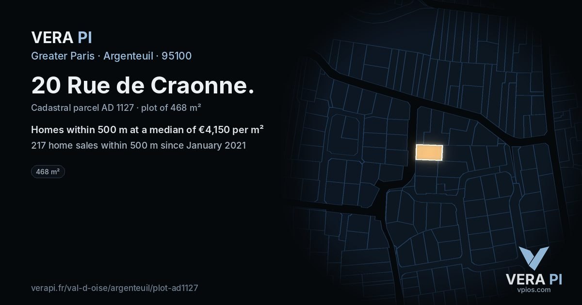 20 Rue de Craonne, Argenteuil at night – the plot lit, the parcels around coloured by the prices near them
