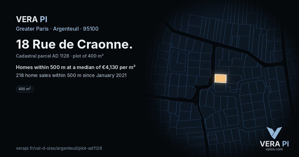 18 Rue de Craonne, Argenteuil at night – the plot lit, the parcels around coloured by the prices near them
