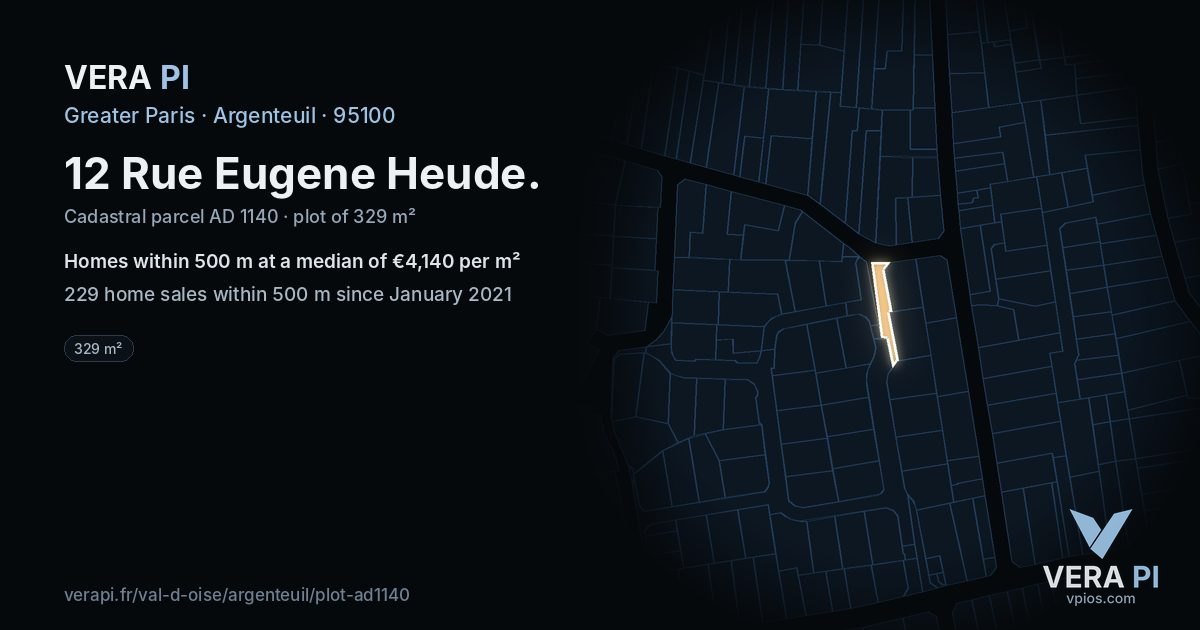 12 Rue Eugene Heude, Argenteuil at night – the plot lit, the parcels around coloured by the prices near them