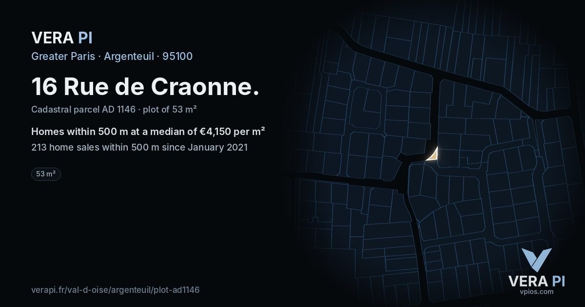 16 Rue de Craonne, Argenteuil at night – the plot lit, the parcels around coloured by the prices near them