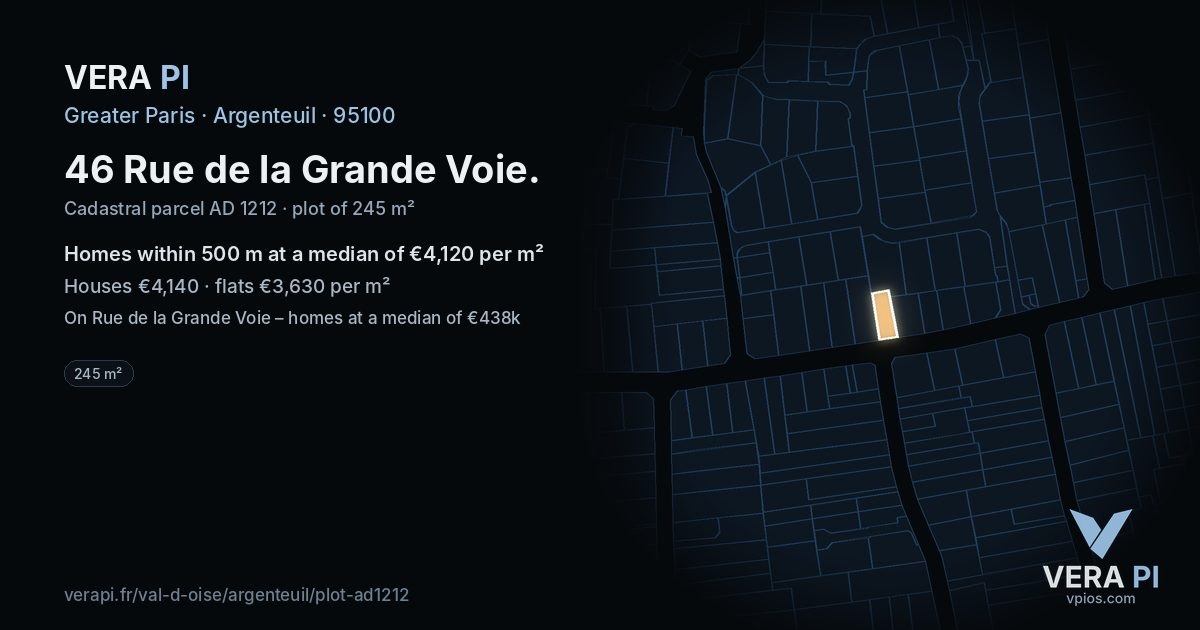 46 Rue de la Grande Voie, Argenteuil at night – the plot lit, the parcels around coloured by the prices near them