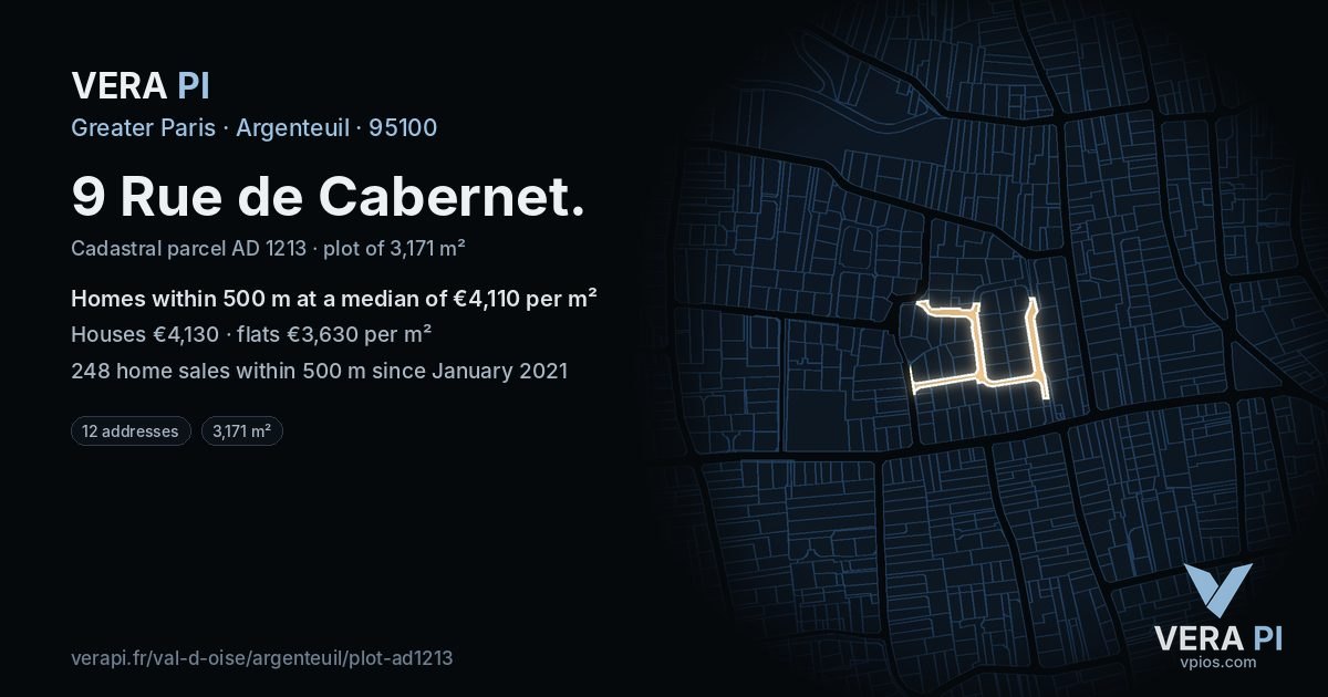 9 Rue de Cabernet, Argenteuil at night – the plot lit, the parcels around coloured by the prices near them