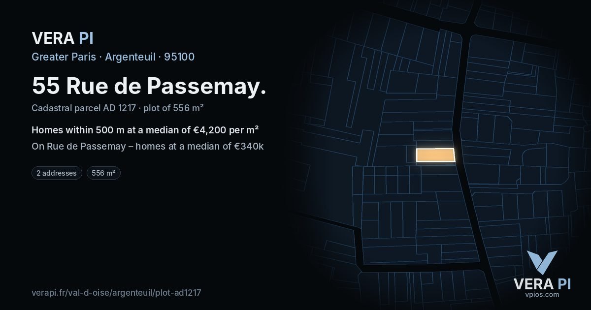 55 Rue de Passemay, Argenteuil at night – the plot lit, the parcels around coloured by the prices near them
