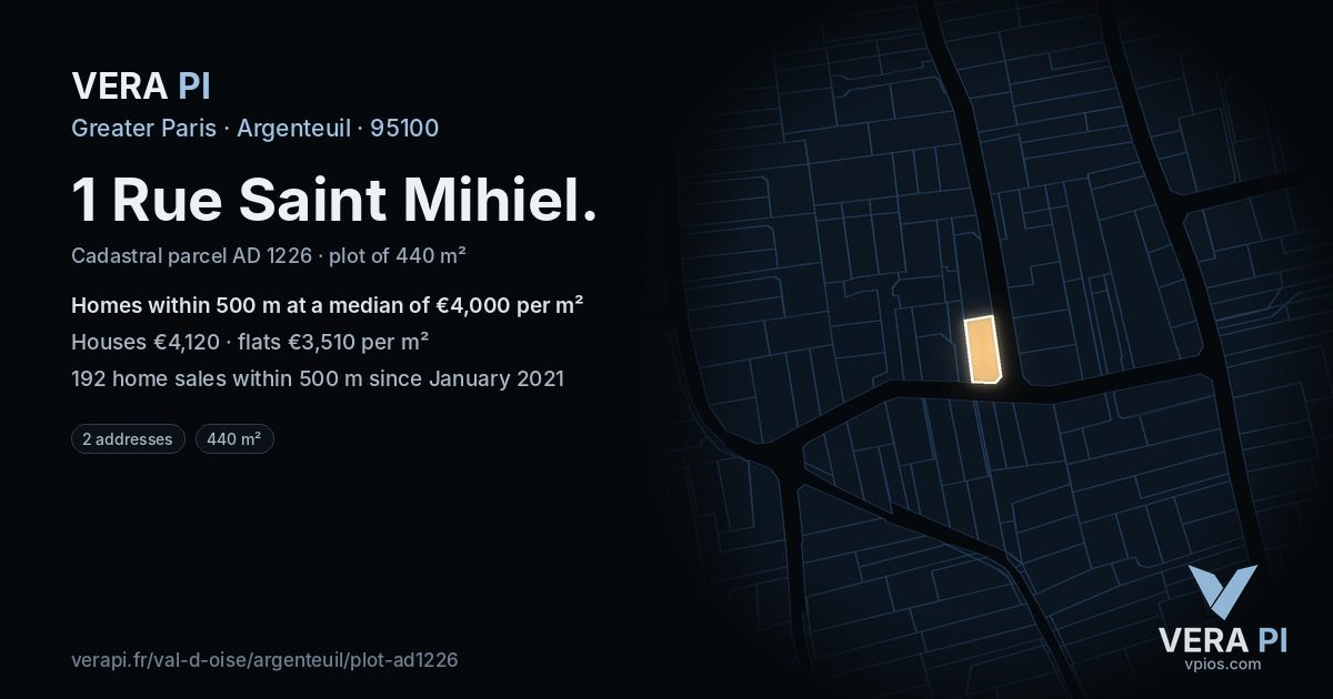 1 Rue Saint Mihiel, Argenteuil at night – the plot lit, the parcels around coloured by the prices near them