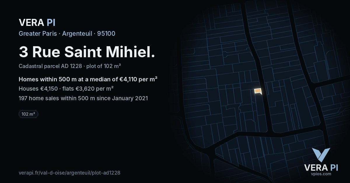 3 Rue Saint Mihiel, Argenteuil at night – the plot lit, the parcels around coloured by the prices near them