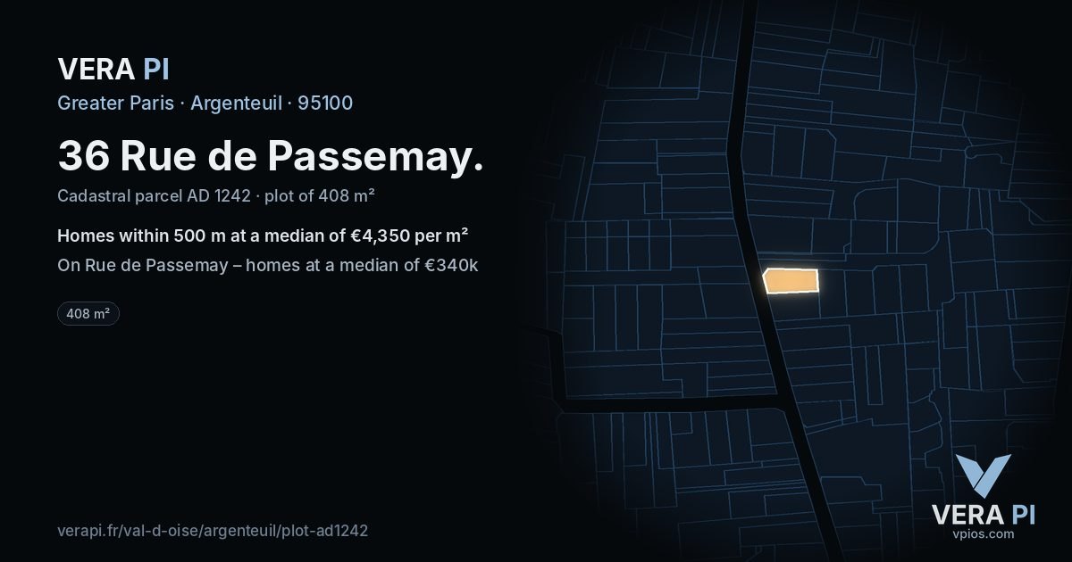 36 Rue de Passemay, Argenteuil at night – the plot lit, the parcels around coloured by the prices near them