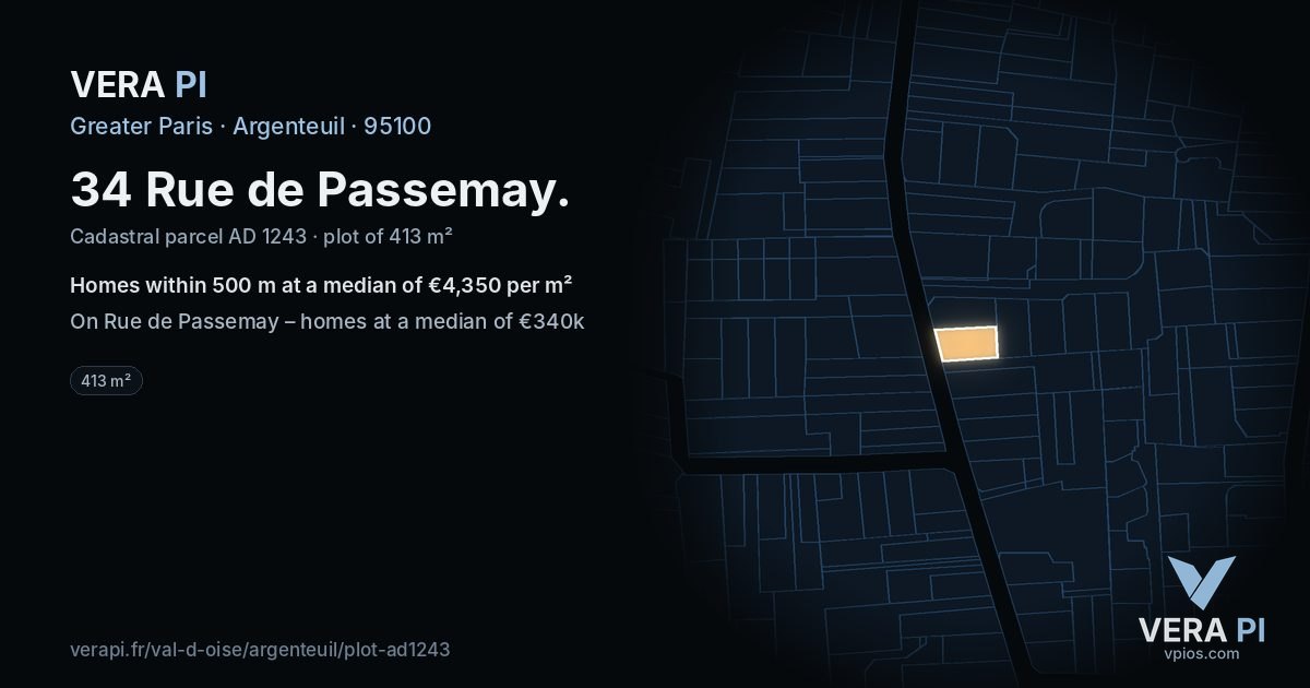 34 Rue de Passemay, Argenteuil at night – the plot lit, the parcels around coloured by the prices near them