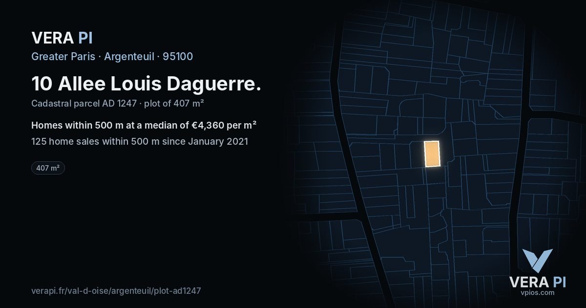 10 Allee Louis Daguerre, Argenteuil at night – the plot lit, the parcels around coloured by the prices near them