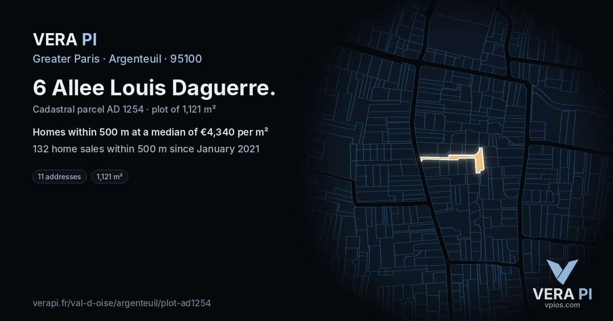 6 Allee Louis Daguerre, Argenteuil at night – the plot lit, the parcels around coloured by the prices near them